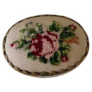 Vintage Petit Point Cloisonné Enamel Pill Box Embroidery Oval Shape